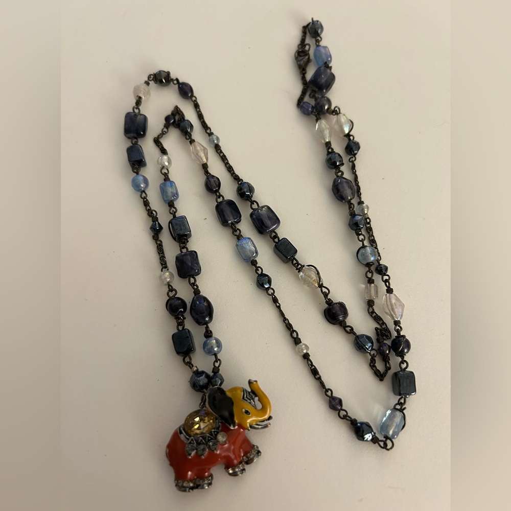 Necklace vintage blue Art Glass enameled Elephant red yellow black crystal beads - Picture 11 of 12